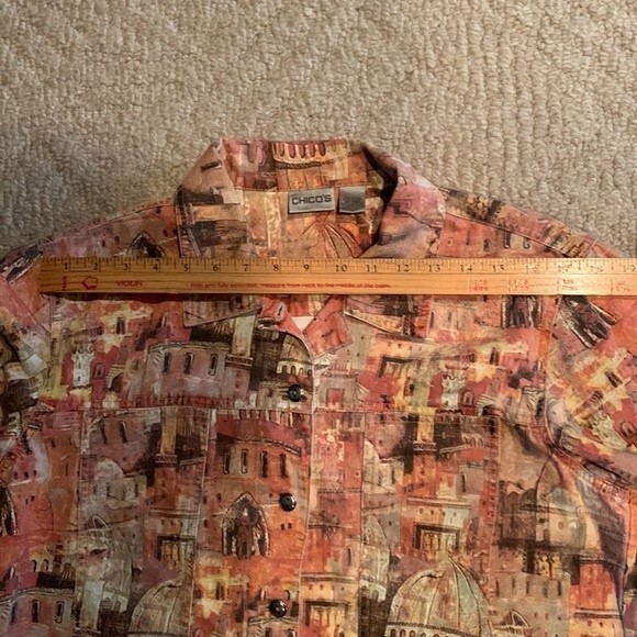 Chico’s Earth Tone European Cityscape Print Cotton Jean Jacket Size 2 - Picture 8 of 10